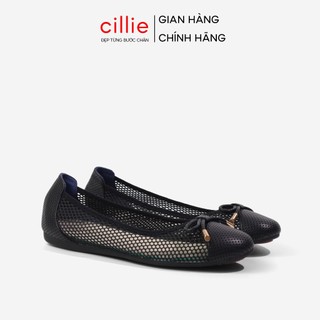Giày búp bê nữ da thật mũi tròn đế bệt cao su dẻo phối lưới thoáng chân Cillie 1135