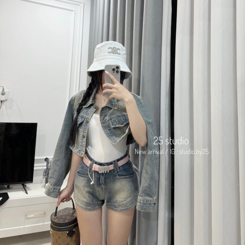 Quần đùi bò nữ, quần short bò nữ may cách điệu gấu kèm đai miumiu siêu xinh hàng QCL1 N99 | BigBuy360 - bigbuy360.vn