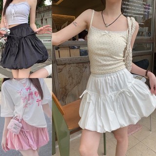 Chân váy mini phồng xếp ly phối dây nơ Ulzzang chất đũi xốp 2024
