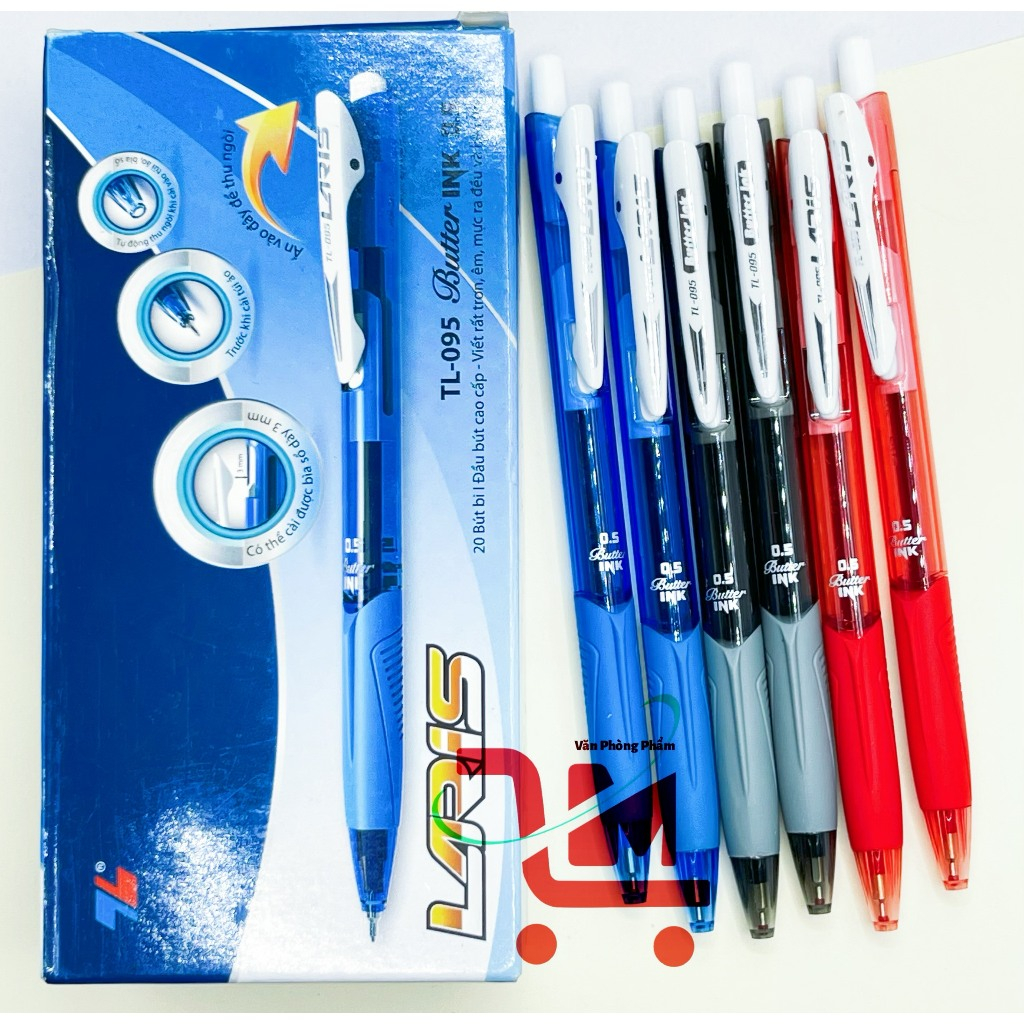 Hộp 20 Cây Bút Bi Thiên Long LARIS TL095 Mực Ra Đều 0.5mm Chất Lượng Tốt Mực Màu Xanh, Đỏ, Đen/Bút T