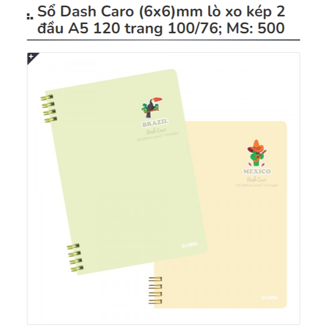 KLONG - Sổ Dash Caro (6x6)mm lò xo kép 2 đầu A5 120 trang 100/76; MS: 500 ♥ bujo, quà tặng, hssv