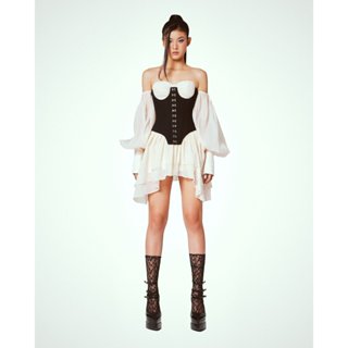 LSOUL Đầm Bẹt Vai Tay Bồng + Đai Corset Đan Dây Sang Trọng Đi Tiệc Limerence Set V23081569 A23082727