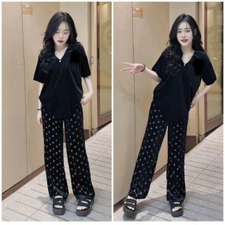 Set Bộ Nữ Quần Ống Suông Họa Tiết Chờ Neo + Mix Áo Phông Cổ Tim Trơn Form Rộng Mẫu Mới