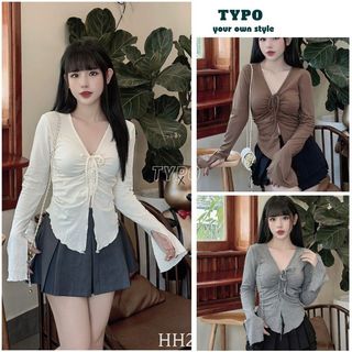 Áo thun tăm cổ tim kiểu dây rút ngực dáng ôm hack eo, Áo xẻ tà tay loe 4 màu sang chảnh lên đồ cực xinh - TYPO