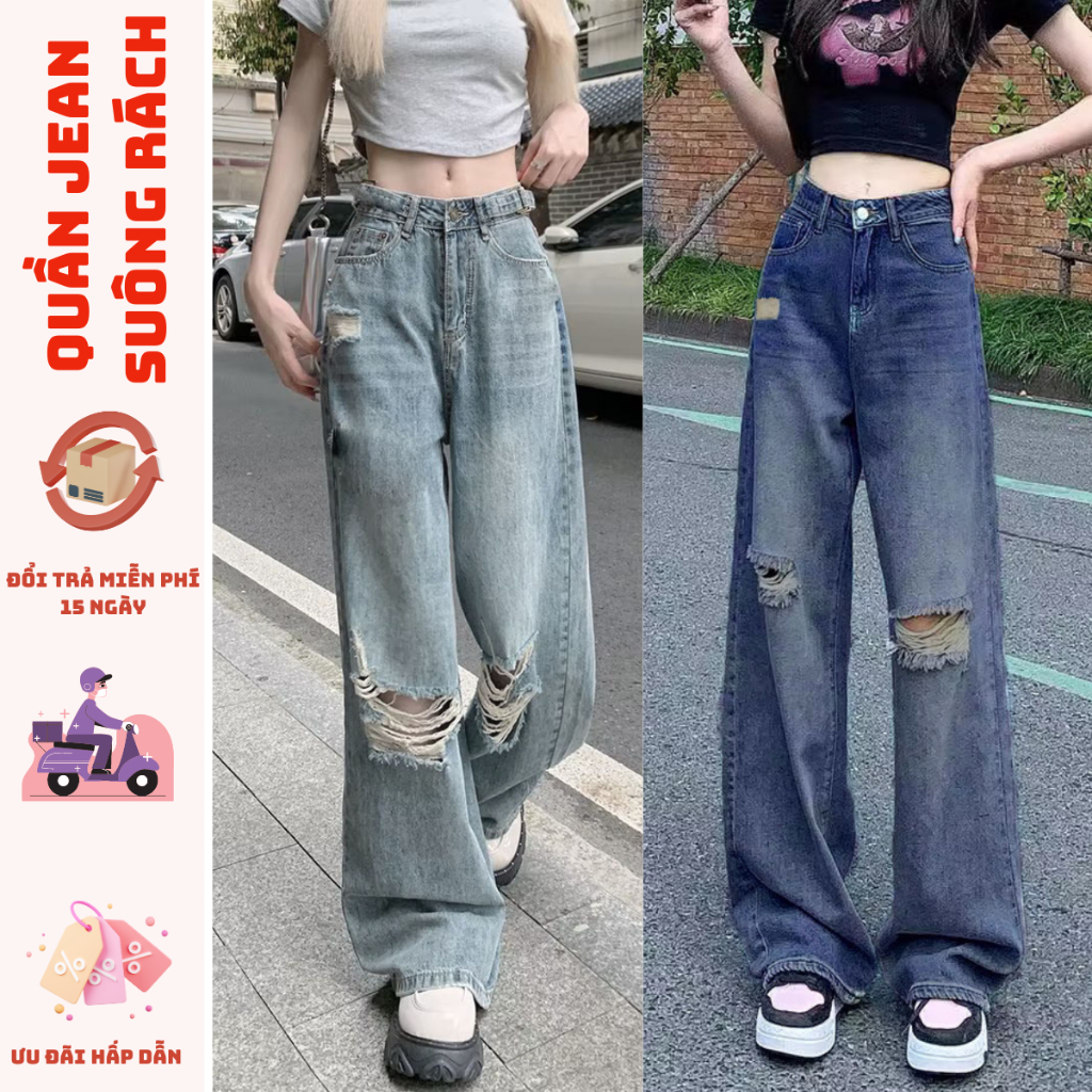 Quần jean RÁCH GỐI ống suông lưng cao nữ MIAA Chất denim co giãn màu RETRO dáng rộng cạp cao phong cách 2024