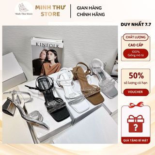 Dép cao gót nữ Minh Thư thời trang mũi vuông quai ngang cách tân đính đá, giày cao gót nữ đẹp gót vuông 5cm đi tiệc-L40
