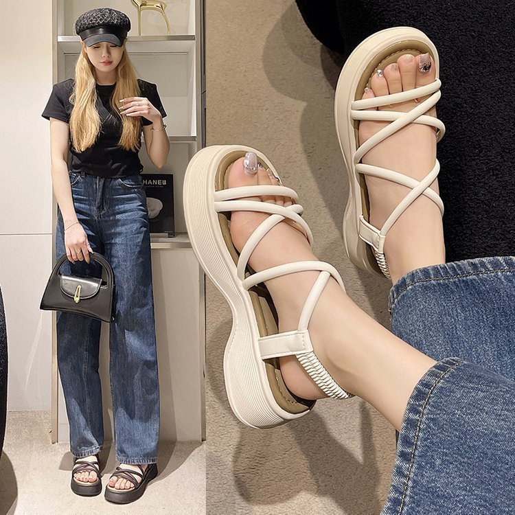 Dép sandal nữ 5cm Quảng Châu dép quai hậu dây chéo quai chun đế bánh mì nhẹ đi làm đi học đi chơi, M55