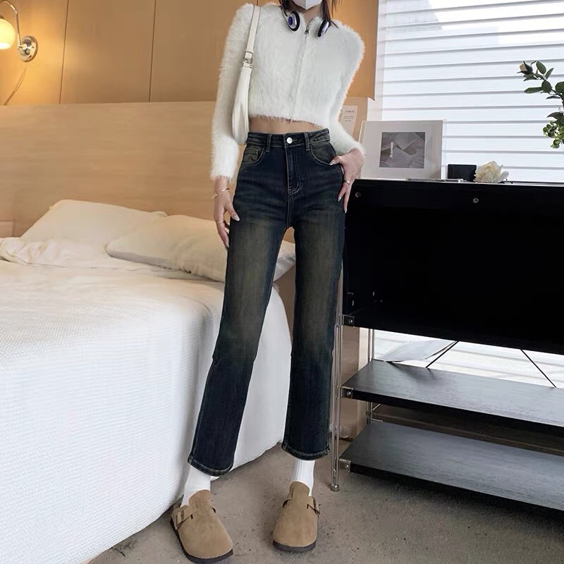 Quần bò ống đứng màu xám đen may gấu , Quần jean ống đứng lưng cao phù hợp cho học sinh sinh viên D63 | BigBuy360 - bigbuy360.vn