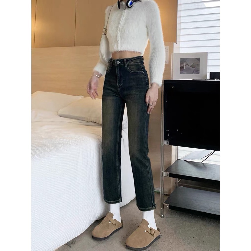 Quần bò ống đứng màu xám đen may gấu , Quần jean ống đứng lưng cao phù hợp cho học sinh sinh viên D63 | BigBuy360 - bigbuy360.vn