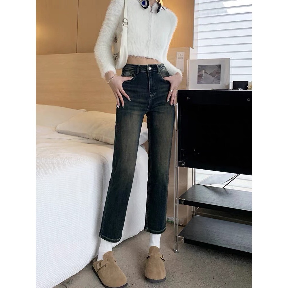 Quần bò ống đứng màu xám đen may gấu , Quần jean ống đứng lưng cao phù hợp cho học sinh sinh viên D63 | BigBuy360 - bigbuy360.vn