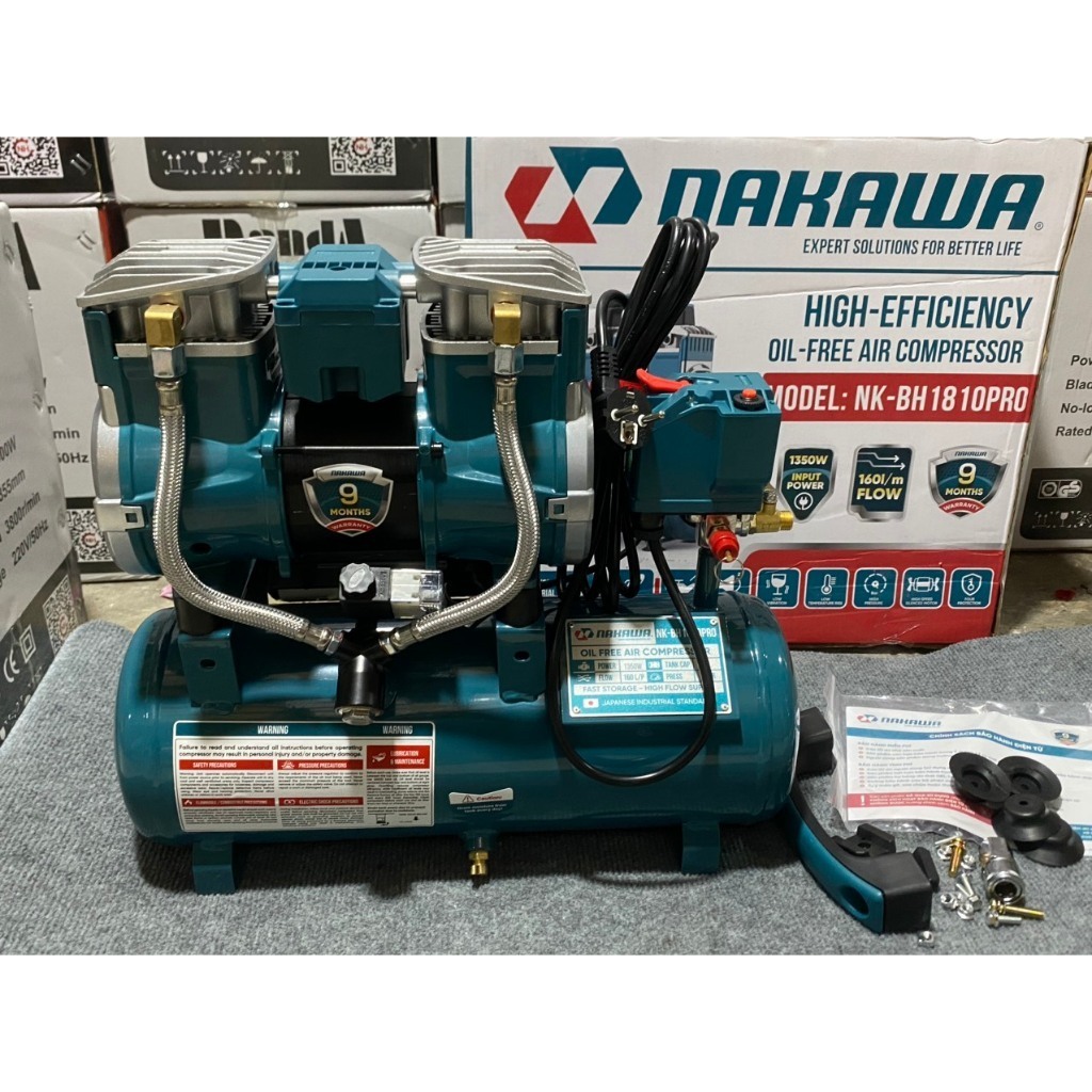 Máy Nén Khí Không Dầu Nakawa NK-BH1810PRO 10L, Công Suất 1350W, Kích Thước 48x19.5x44cm