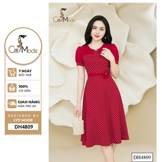 Đầm công sở CITI MODE FASHION thiết kế dáng xoè đỏ chấm trắng đính hoa eo DH4809
