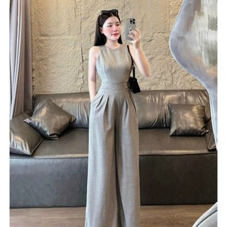  Jum dài thiết kế nữ chất đũi vân mây cao cấp áo sát nách cổ tròn màu xám trơn kết hợp quần ống rộng tôn dáng 