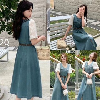 Váy Đầm Jean Nữ Dáng Dài Phối Tay Ren Hoa Thêu Nổi Tặng Kèm Thắt Lưng Da Size S M -Halinh Shop - Váy Bò Nữ Phối Ren Qcl1