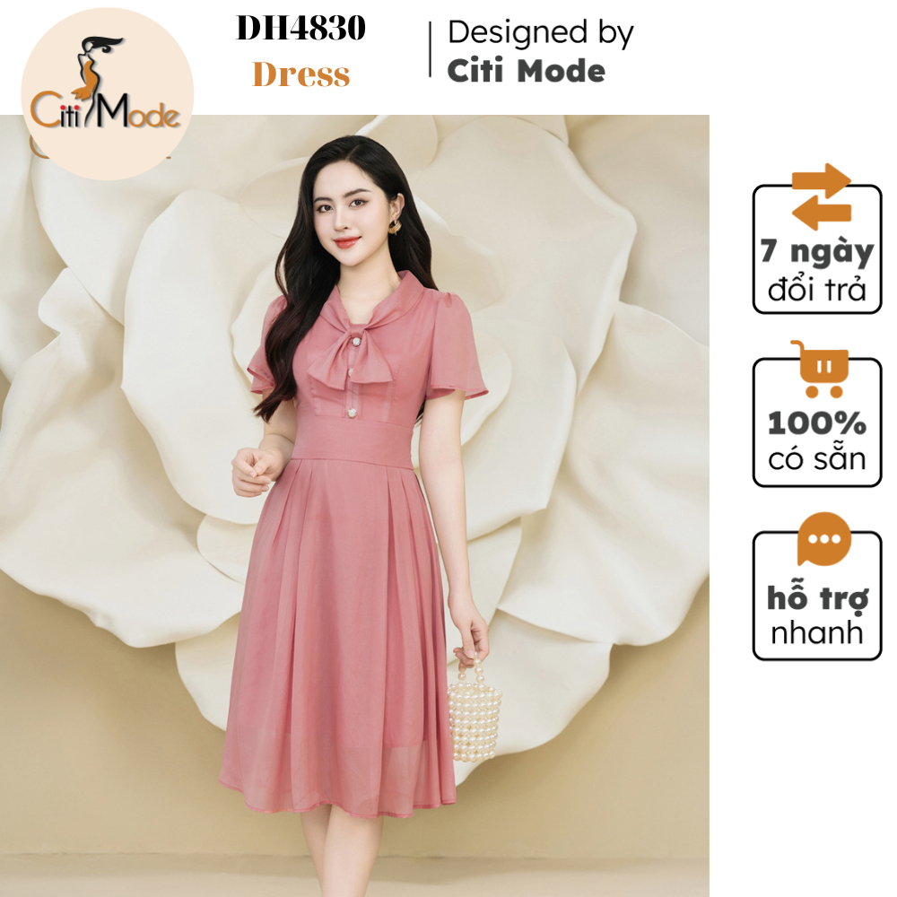 Đầm công sở CITI MODE FASHION thiết kế dáng xoè xanh cổ thắt nơ DH4830