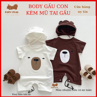 Body cute cho bé trai,bé gái họa tiết gấu con cute kèm mũ
