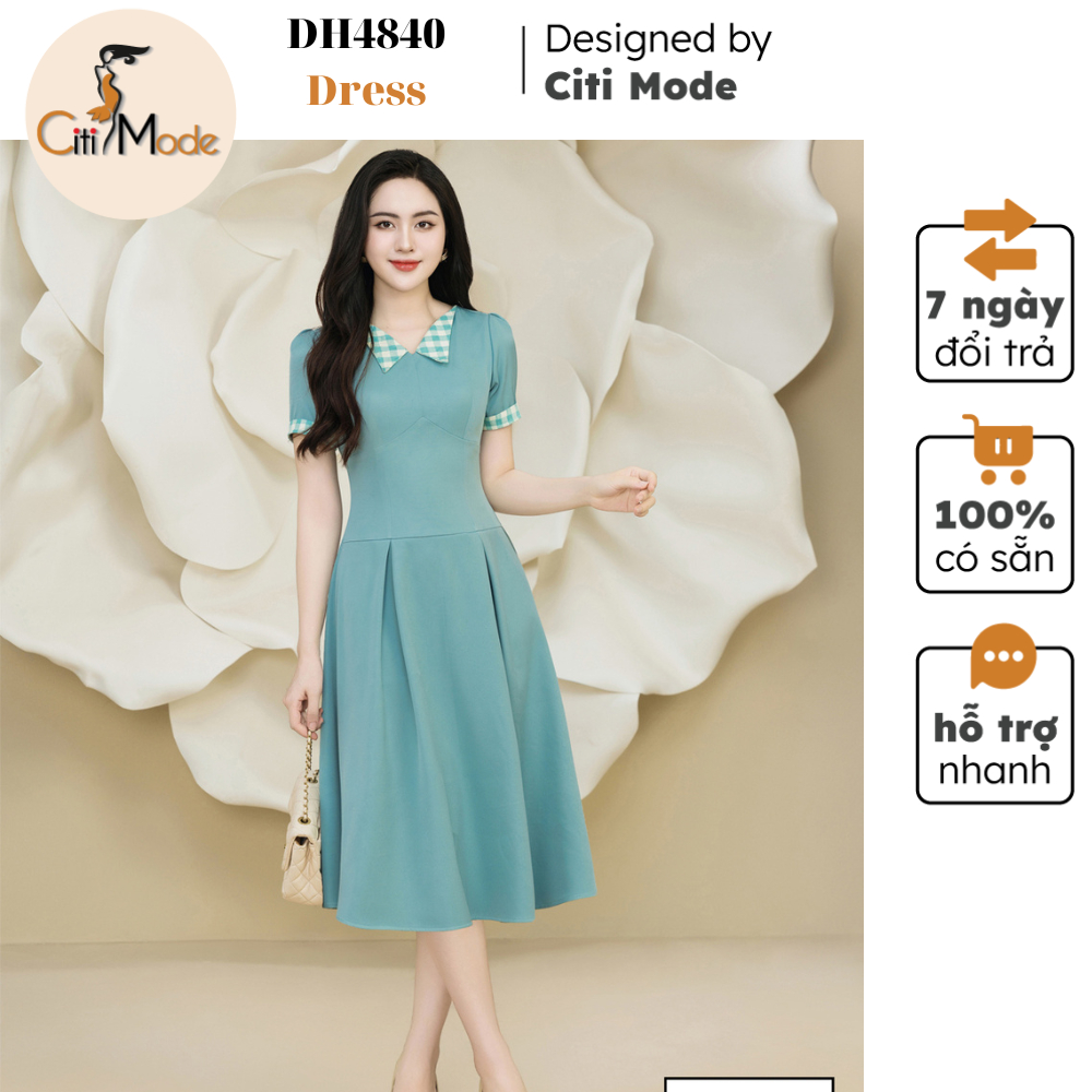 Đầm công sở CITI MODE FASHION thiết kế dáng xoè xanh cổ phối kẻ tay cộc DH4840