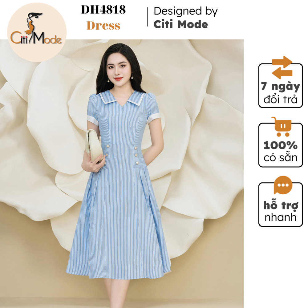 Đầm công sở CITI MODE FASHION thiết kế dáng xoè kẻ xanh cổ bẻ DH4818