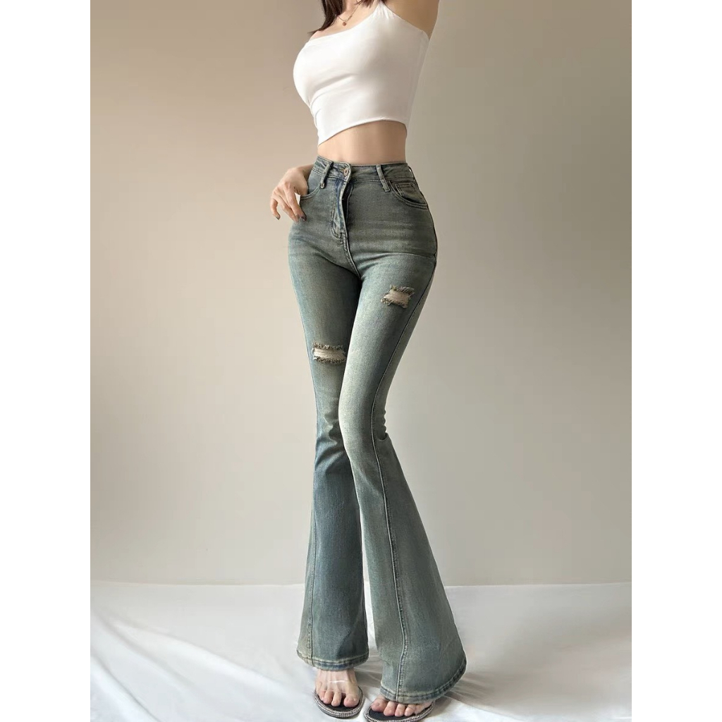 Quần bò ống loe xanh rách 2 gối girl phố , Quần jean ống loe rách gối phong cách cháy phố HOT 2023 D24 | BigBuy360 - bigbuy360.vn