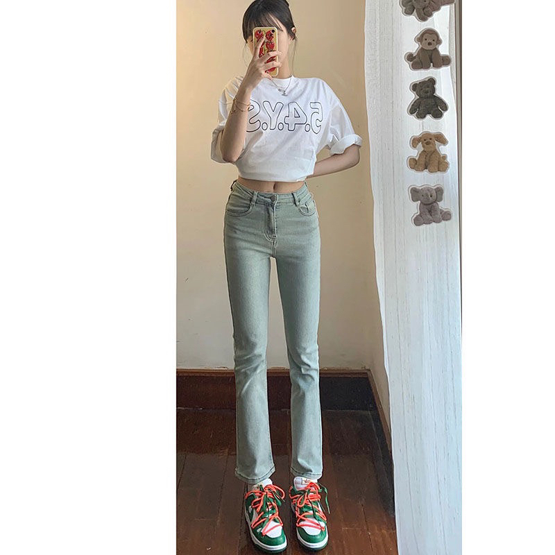 Quần bò ống đứng màu xanh nhạt may gấu , Quần jean ống đứng lưng cao màu xanh nhạt may gấu phù hợp đi các hoạt động MS31 | BigBuy360 - bigbuy360.vn