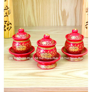 Ly nước có nắp màu đỏ gấm cao cấp, chung đựng nước trên ban thờ