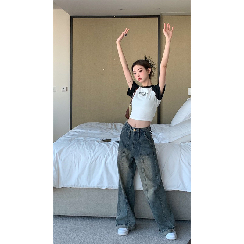 Quần bò ống rộng dáng suông gân , Quần jean ống rộng màu xanh gấu có cúc bấm Siêu HOT s33 | BigBuy360 - bigbuy360.vn