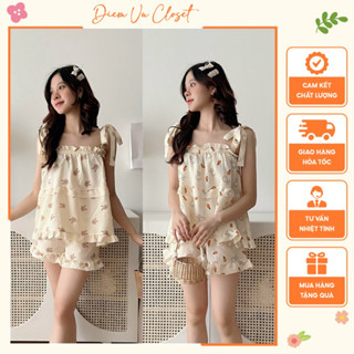 [HÌNH THẬT] Set pijama cột dây nơ 2 tầng bèo, bộ mặc nhà nhiều hoạ tiết cute