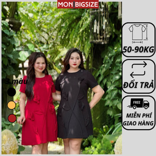 Váy bigsize nữ đầm dự tiệc đi chơi kiểu cổ tròn hoa nổi vải tafta cao cấp MON big size 50 - 90kg
