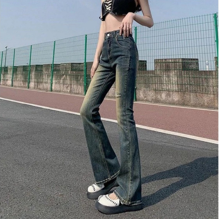 Quần bò nữ ống loe, quần jeans nữ ống loe màu xanh cổ điển cũ siêu đẹp siêu tôn dáng MS 01 | BigBuy360 - bigbuy360.vn