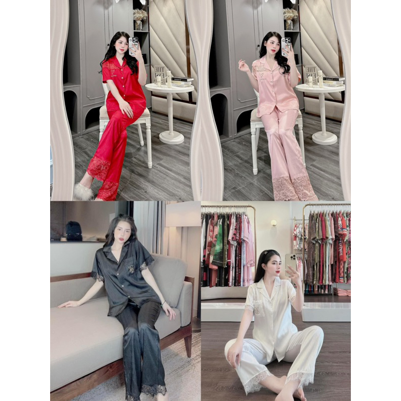 Bộ ngủ mặc nhà pijama ép đá tim lụa xước mát