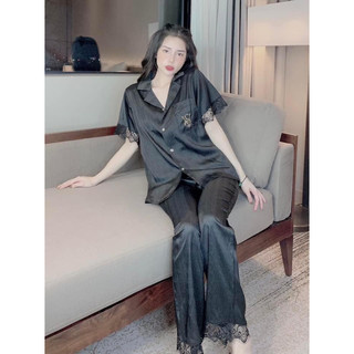 Bộ ngủ mặc nhà pijama ép đá tim lụa xước mát