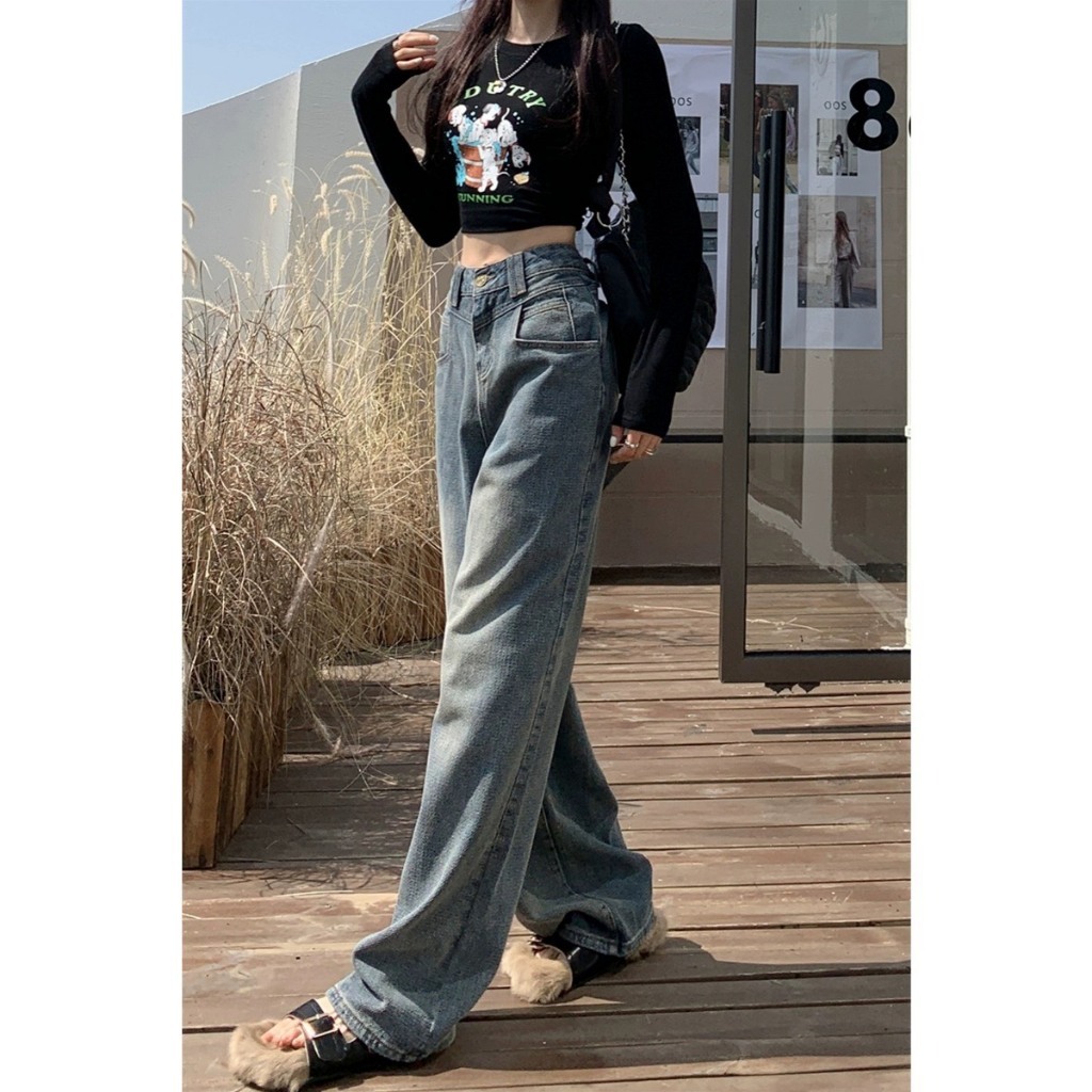 Quần ống rộng jean dài thoải mái cạp cao thời trang, quần suông retro đường phố cao cấp siêu sang chảnh D 48 | BigBuy360 - bigbuy360.vn