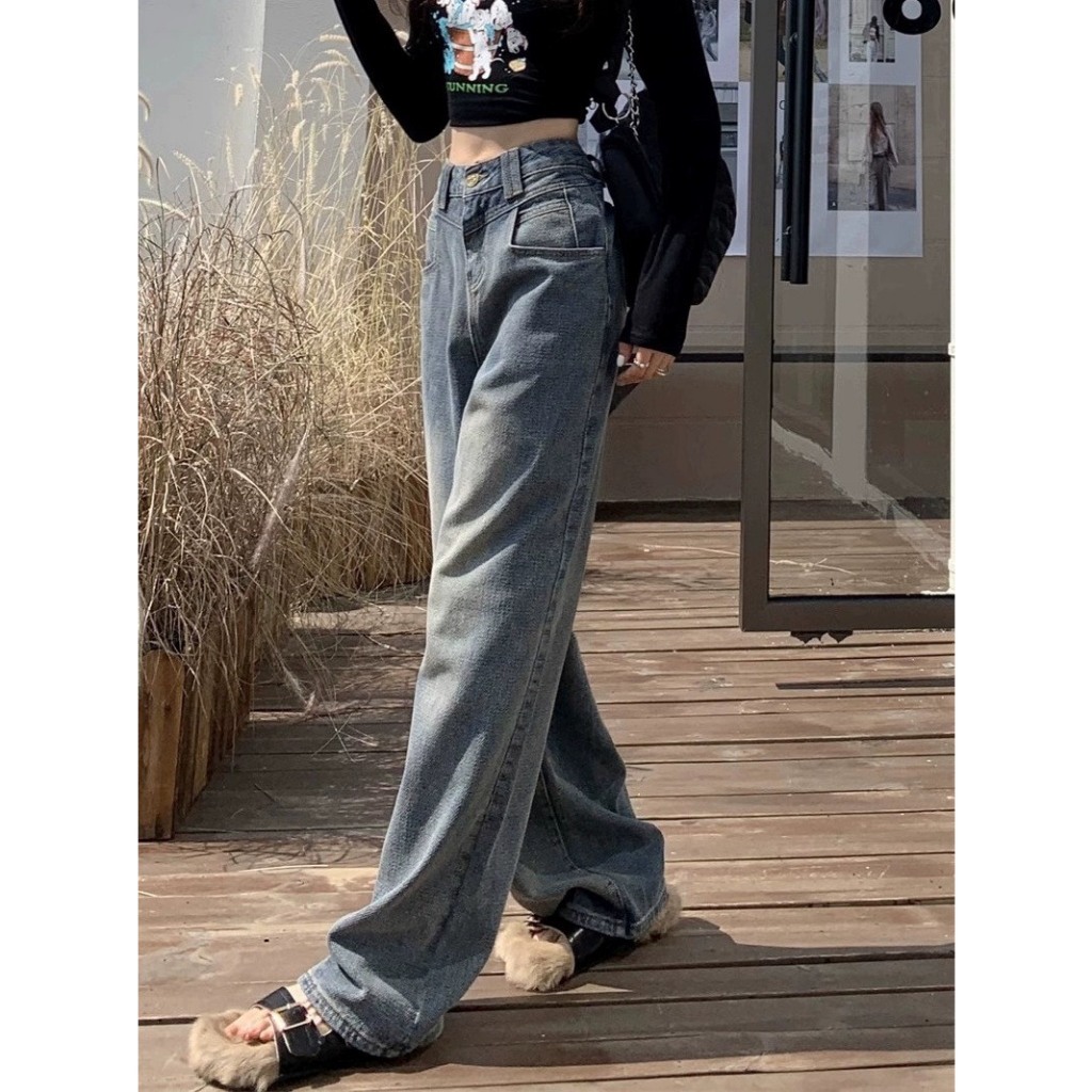 Quần ống rộng jean dài thoải mái cạp cao thời trang, quần suông retro đường phố cao cấp siêu sang chảnh D 48 | BigBuy360 - bigbuy360.vn