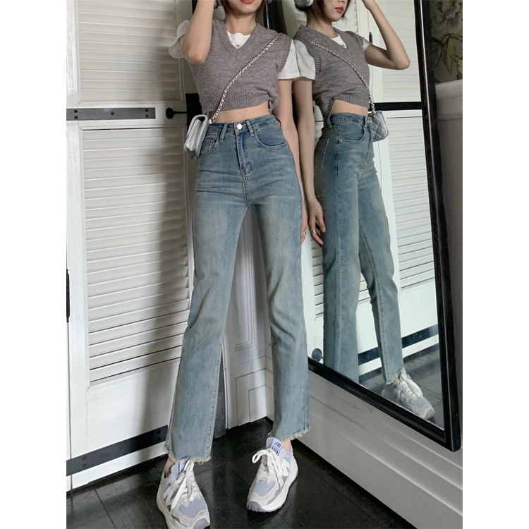 Quần bò ống đứng xanh nhạt gấu tua rua , Quần jean ống đứng lưng cao xanh nhạt tôn dáng gấu tua rua 2023 D27 | BigBuy360 - bigbuy360.vn