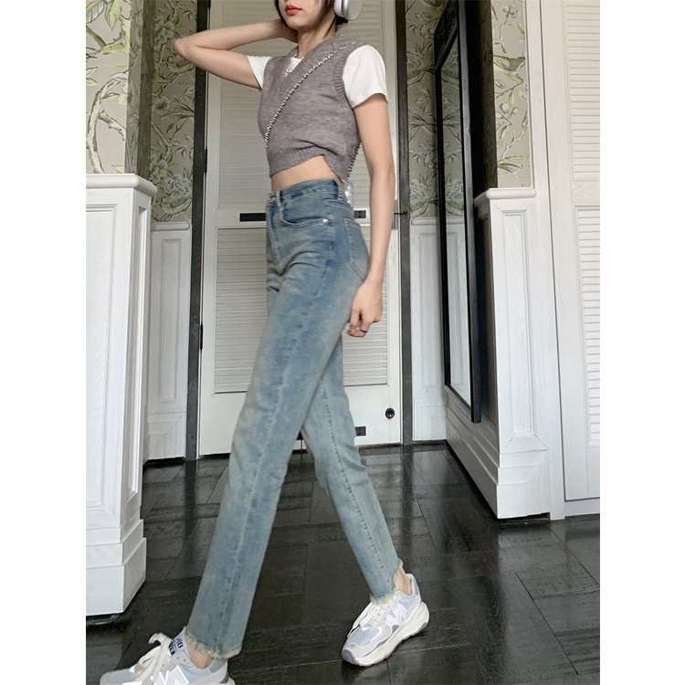 Quần bò ống đứng xanh nhạt gấu tua rua , Quần jean ống đứng lưng cao xanh nhạt tôn dáng gấu tua rua 2023 D27 | BigBuy360 - bigbuy360.vn