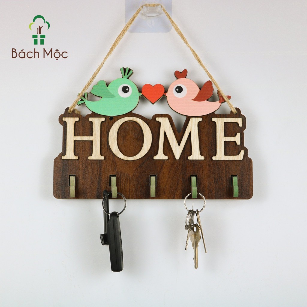 Bảng gỗ đôi chim hạnh phúc có móc treo chìa khoá chữ Home trang trí homestay phòng trọ chất liệu gỗ