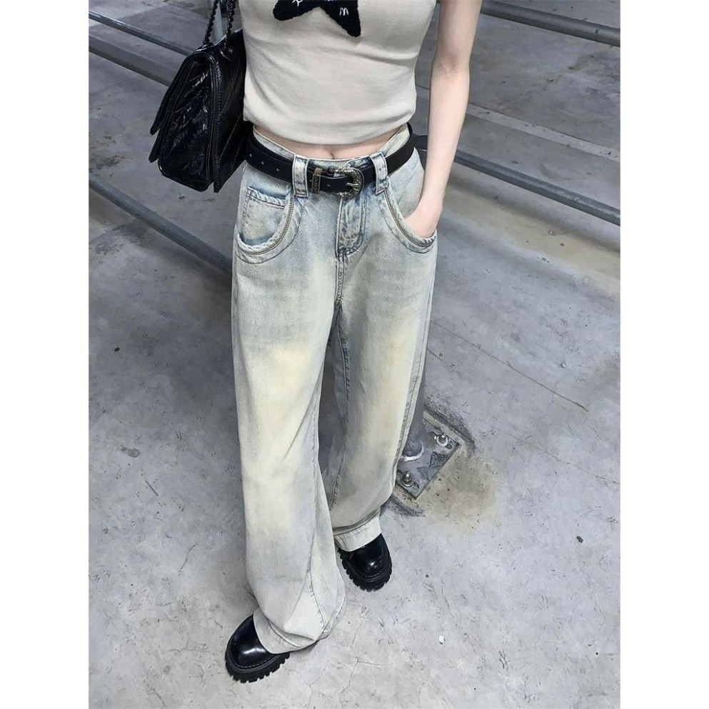 Quần ống rộng mix viền túi, quần nữ jean phong cách Retro Ống Rộng siêu đẹp siêu sang N 65 | BigBuy360 - bigbuy360.vn
