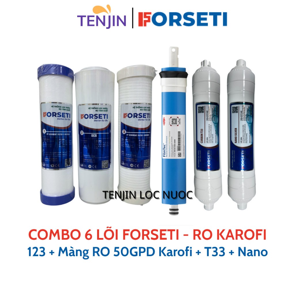 Combo 6 Lõi Lọc Nước FORSETI Gồm 123 + Màng RO50 Karofi/Màng RO Sunhouse/Màng RO Kangaroo + Carbon T