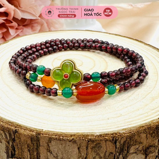 Vòng tay quấn 3 vòng hồng ngọc lựu garnet mix charm đá mã não - ngọc trai trường thịnh