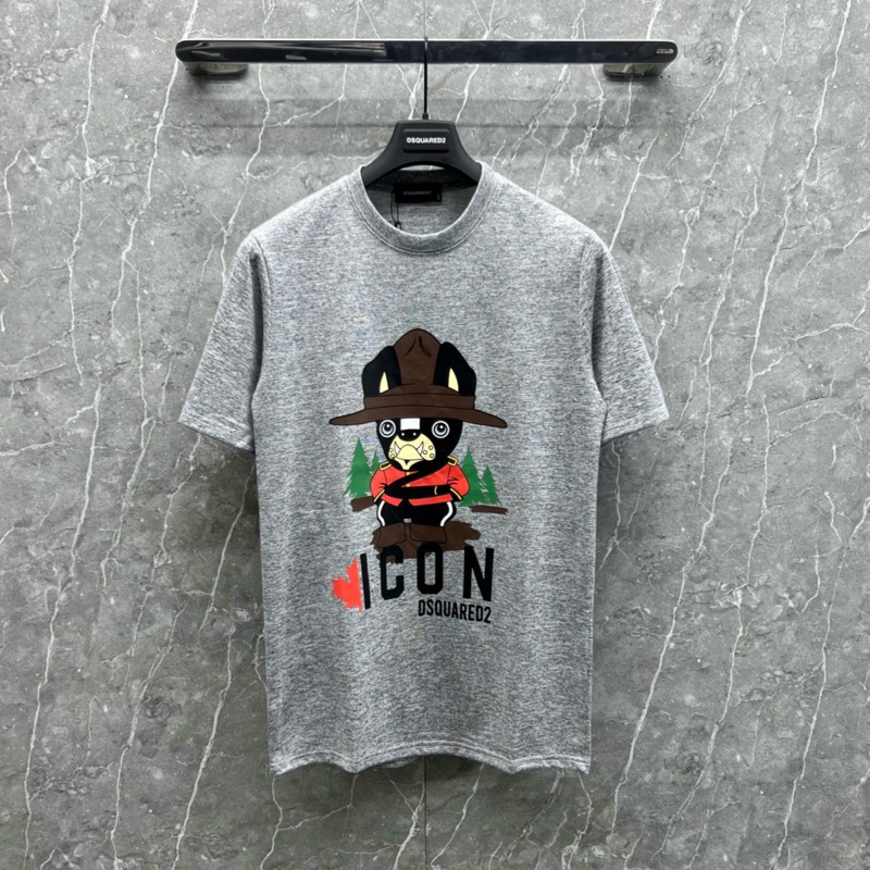 Áo phông nam nữ Premium Cotton DSQ xám tiêu xước in chữ ICON chó pitbull thân dày dặn cho các boy phố di chơi 2024