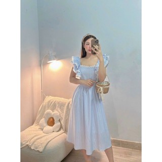 ĐẦM THIẾT KẾ MAXI SỌC HỒNG TAY MẢNH PHỐI KIỂU VIỀN REN - Hình Shop Chụp Thật