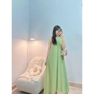 Đầm maxi cổ tròn nút bọc - hình shop chụp thật