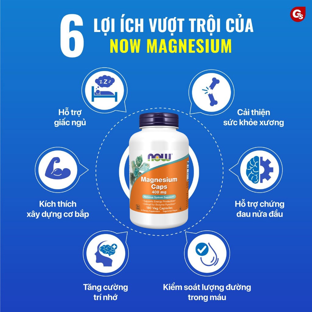 Viên uống bổ sung magie Now Magnesium Caps 400mg 180 viên giảm stress, hỗ trợ giấc ngủ, xương cơ bắp