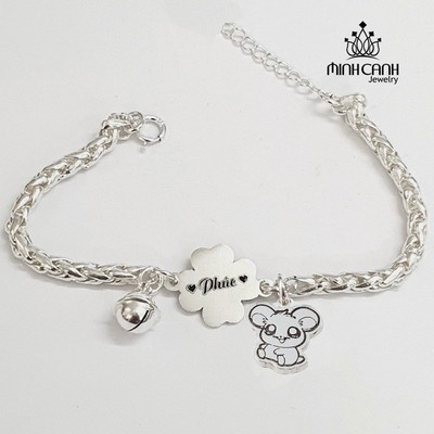 Lắc Bạc Khắc Tên Cho Bé Thêm Charm Cỏ 4 Lá - Minh Canh Jewelry