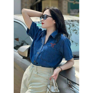 Áo sơ mi chất bò cúc cài tay ngắn form rộng dáng ngắn nữ, áo sơ mi jean nữ cộc tay, áo sơ mi bò formrộng túi phong cách