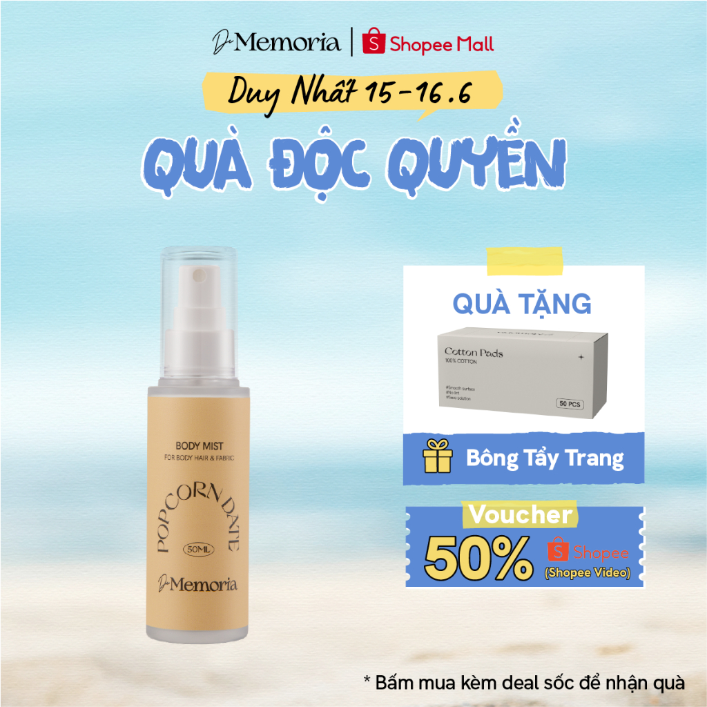 Xịt Thơm Cơ Thể De Memoria Không Cồn Khô 50ml - Mùi #03 Popcorn Date Vanilla Ngọt Ấm Quyến Rũ