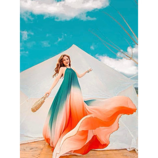 Maxi đi biển yếm ombre dập ly xanh cam (maxi đi biển, maxi du lịch, yếm ombre)