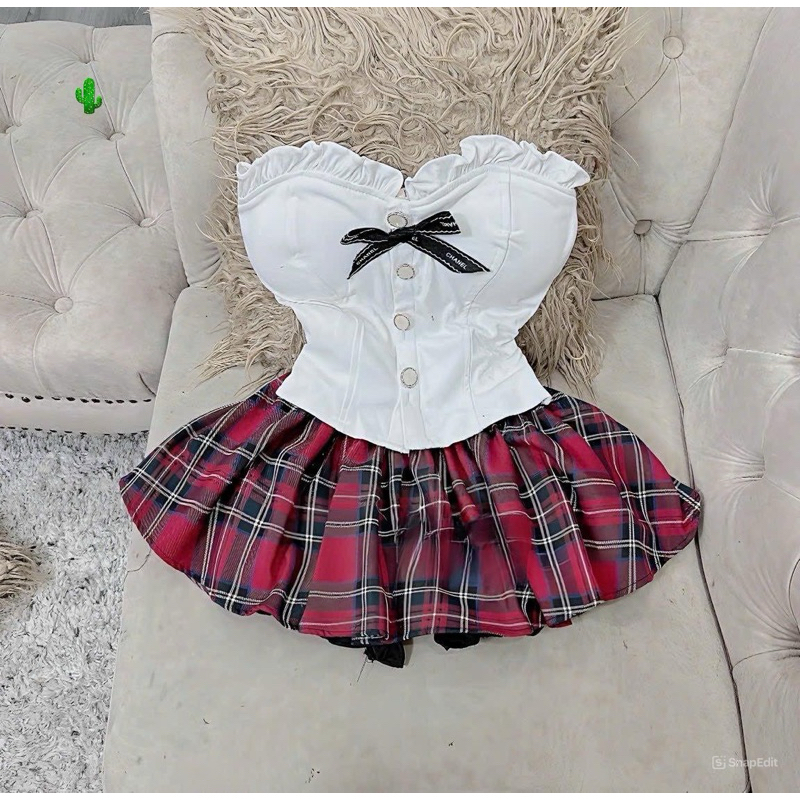 Set Áo Ống Croptop Cúp Nơ Viền Bèo Lụa Thái + Chân Váy Caro Kẻ Sọc Có Lót Quần | BigBuy360 - bigbuy360.vn