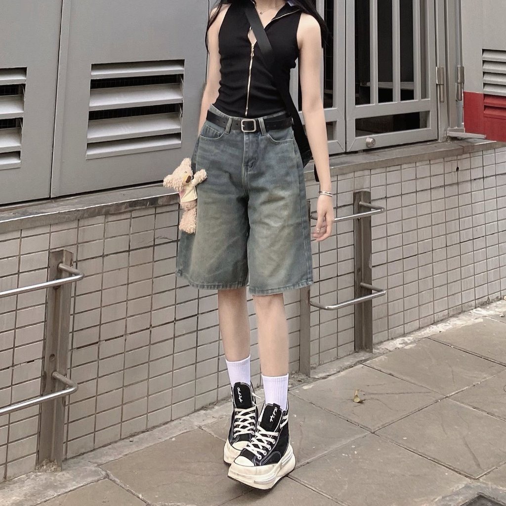 Quần Short Jeans lửng wash cạp thấp ống rộng nữ, Quần jeans unisex siêu Hot siêu sang chảnh N 69 HOT | BigBuy360 - bigbuy360.vn
