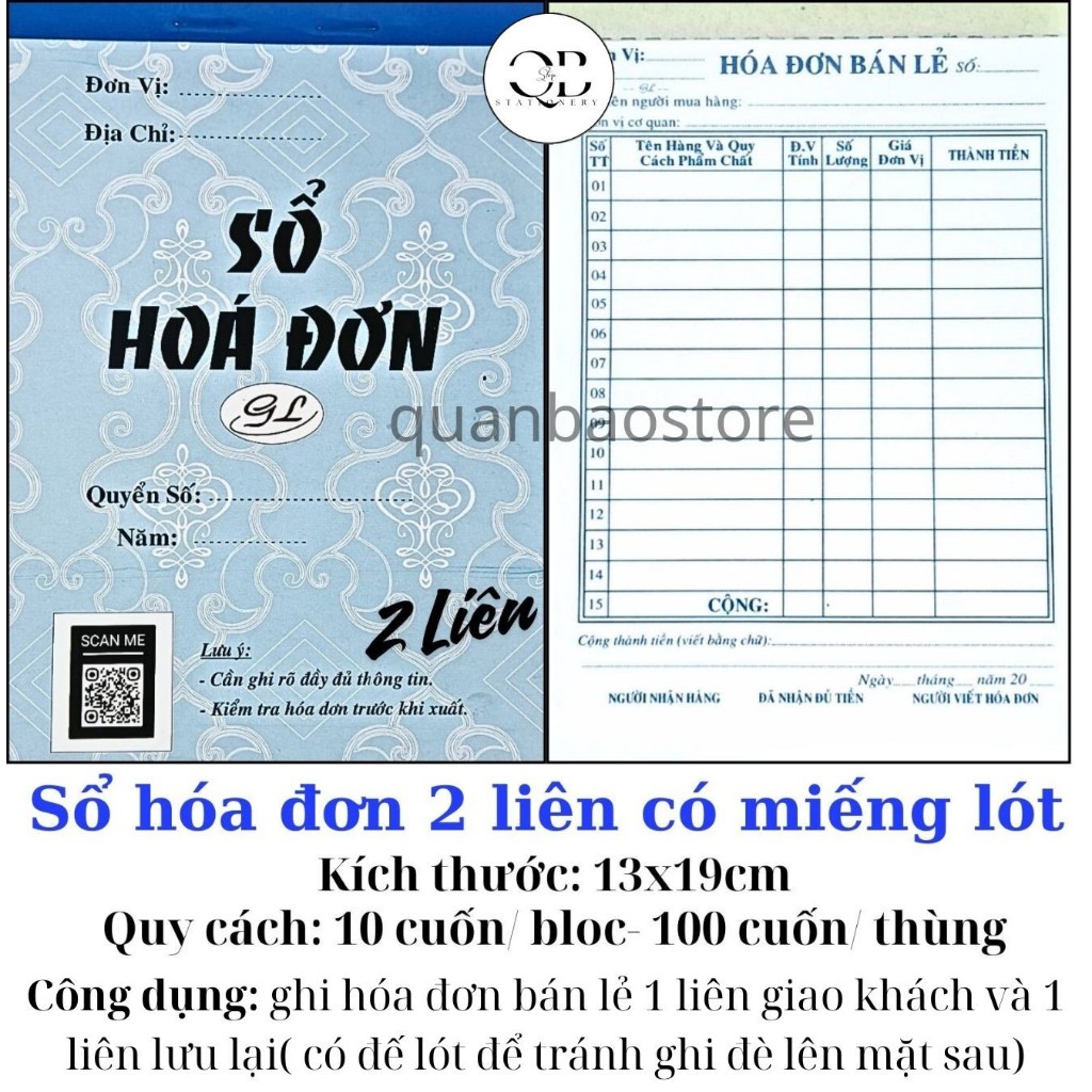 Hóa đơn bán lẻ 2 liên bao gồm 1 liên giao khách và 1 liên lưu lại.
